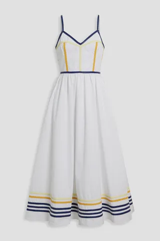 Faux leather-trimmed cotton-poplin midi dress