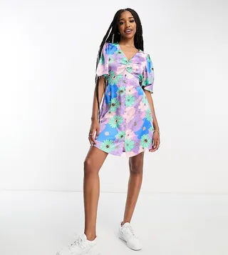 ASOS DESIGN Tall satin button through mini tea dress with flutter sleeve in retro floral print