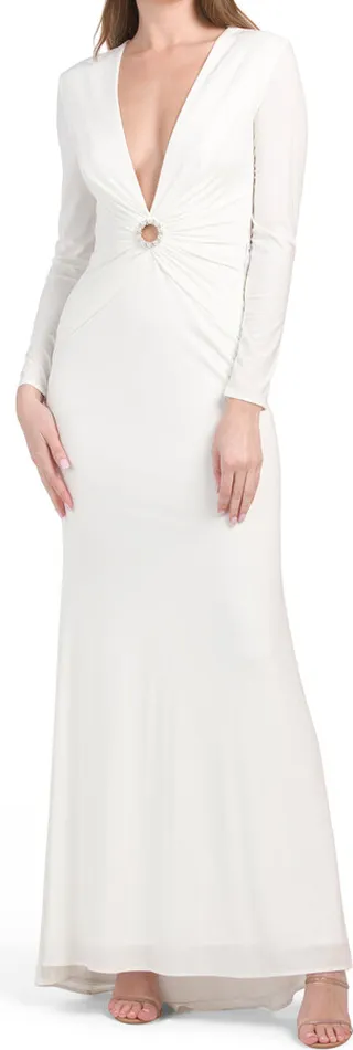 Long Sleeve Deep V-neck Gown With Pearl Ring