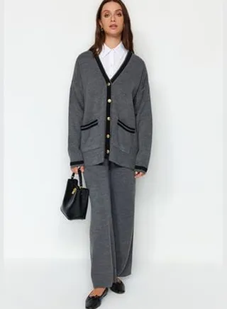 Anthracite Color Block Gold Buttons Cardigan-Pants Knitwear Bottom-Top Set TCTAW24US00107