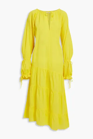 Tie-front asymmetric tiered striped cotton-voile midi dress