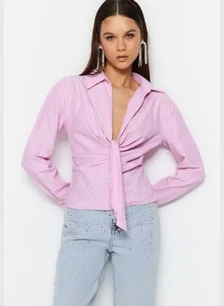 Pink Collar Detailed Poplin Shirt TPRSS23GO00005