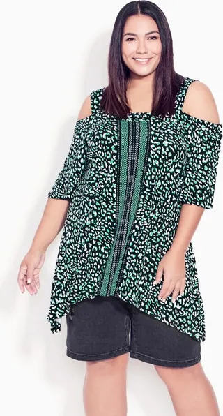 AVENUE | Women's Plus Size Cold Shoulder Placement Tunic - emerald - 20W