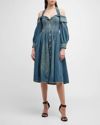 Halter Off-The-Shoulder Denim Midi Dress