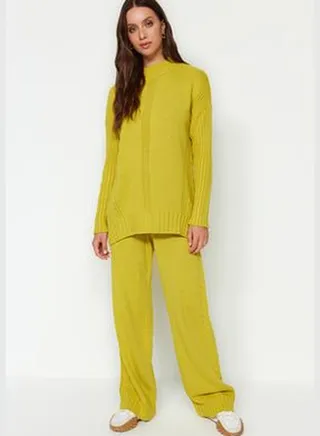 Oil Green Hair Knit Sweater-Pants Knitwear Bottom-Top SetTCTAW24US00105