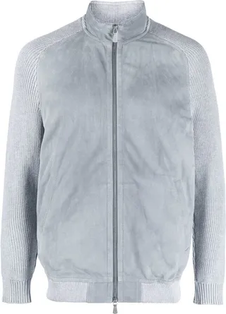 Leather-Panel Zipped-Up Bomber Jacket