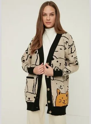 Beige Animal Patterned Knitwear Cardigan TCTAW22TH0135