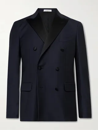 Double-Breasted Satin-Trimmed Wool-Blend Tuxedo Jacket