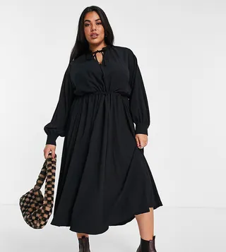 ASOS DESIGN Curve textured midi smock dress with drawstring detail in black