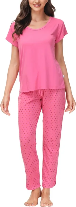 Echo Women's Short Sleeve T-Shirt with Printed Jogger Pants 2 Piece Pajama Set