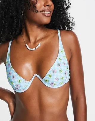 Only wired cup bikini top in blue floral and gingham