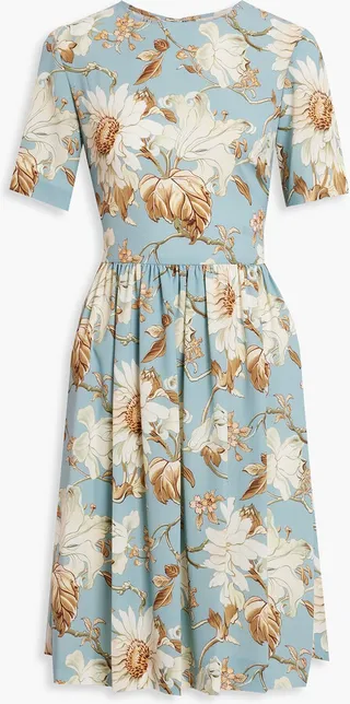 Pleated floral-print crepe de chine dress