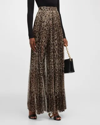 Leopard Print Wide Leg Pleated Pants