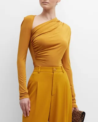 Asymmetric Ruched Long-Sleeve Jersey Top