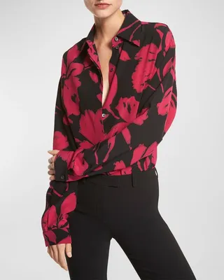 Brushstroke Floral-Print Silk Collared Shirt