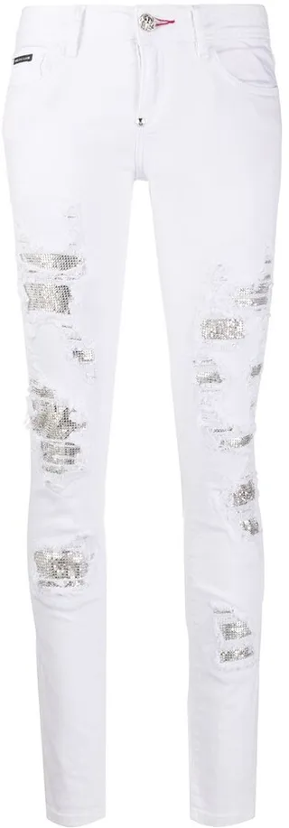 Crystal-Embellished Distressed Jeans