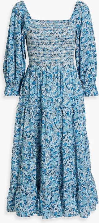 Minnie tiered smocked floral-print cotton-poplin midi dress