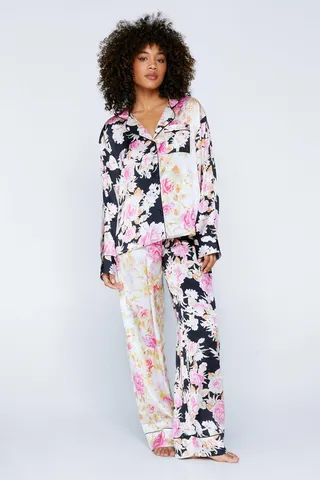 Nasty Gal Womens Satin Floral Print Colorblock Pajama Pants Set