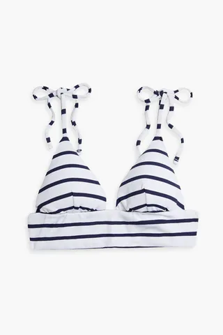 Dawn bow-detailed striped ribbed bikini top