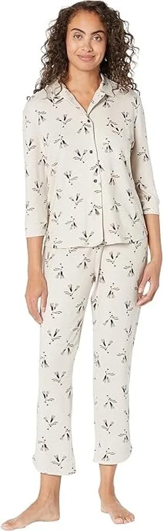 HUE Cozy Glasses Brushed Loose Knit Button-Up Pajama Set (Silver Cloud) Women's Pajama Sets