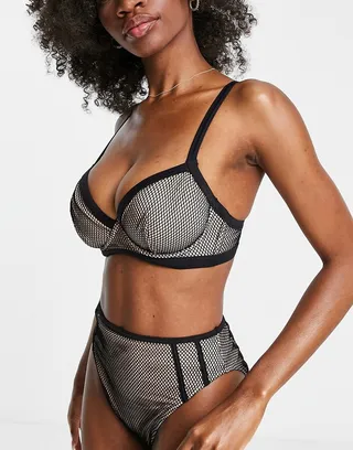 ASOS DESIGN fuller bust contrast fishnet underwired bikini top in black and mink dd