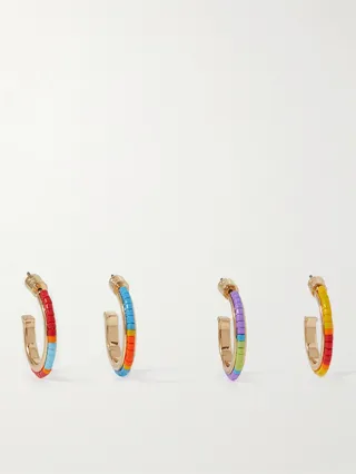 Set of Four Gold-Tone Beaded Hoop Earrings