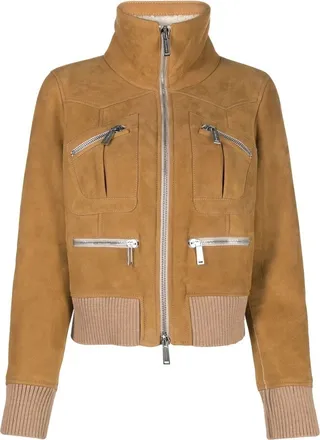 Ribbed-Detail Zipped-Up Bomber Jacket