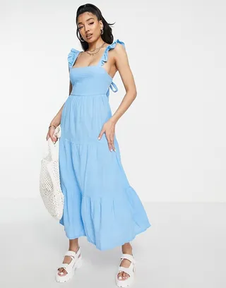 New Look tie back frill strap tiered midi dress in light blue