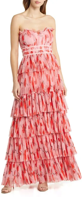 Monaco Strapless Ruffle Tiered Plissé Gown