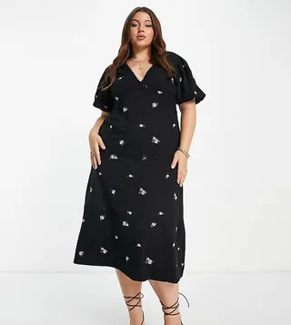 ASOS DESIGN Curve tiered midi dress with lace trim and pink rose embroidery in black