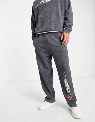 ASOS Dark Future relaxed fixed hem sweatpants with contrast rib panels and graphic print in washed black - part of a set