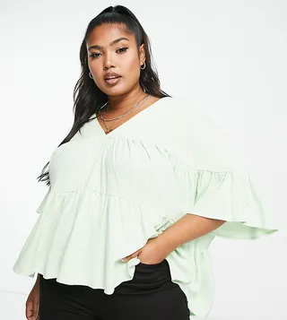 ASOS DESIGN Curve tiered smock top with frill sleeve in apple