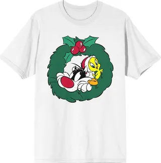 Looney Tunes Sylvetster And Tweety Christmas Wreath Crew Neck Short Sleeve White Women’s T-shirt-Large