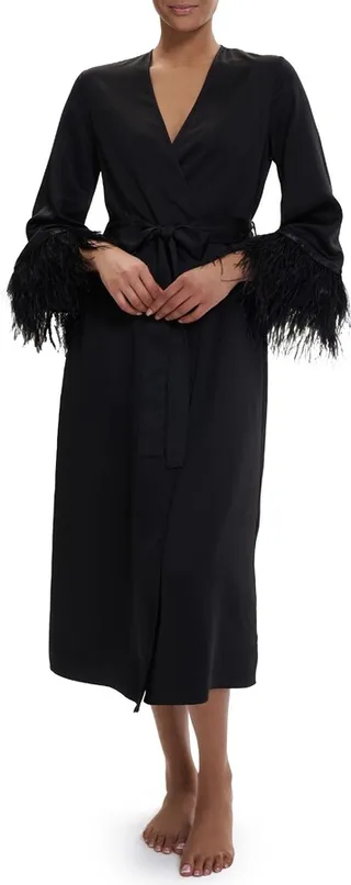 Swan Ostrich Feather Trim Charmeuse Robe