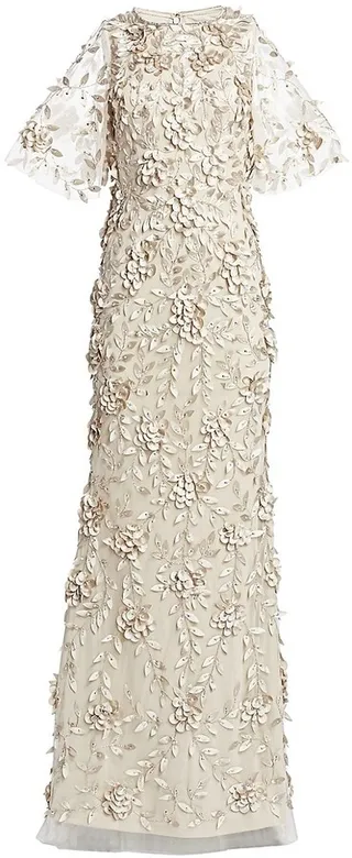 Embellished Flutter-Sleeve Tulle Gown
