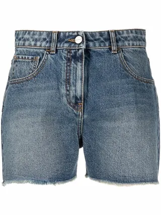 Palm Tree-Embroidered Frayed Denim Shorts