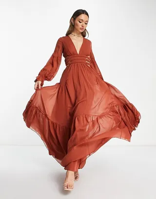 ASOS DESIGN plunge maxi dress with elasticized cut out detail in rust