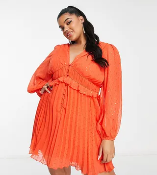 ASOS DESIGN Curve button through ruched waist pleated mini dress in textured metallic