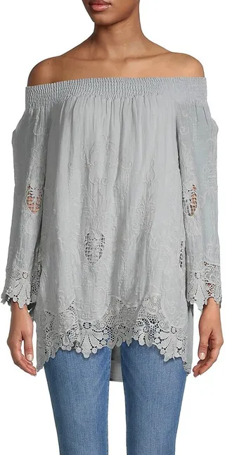 Smocked Off-the-Shoulder Inset Embroidered Tunic