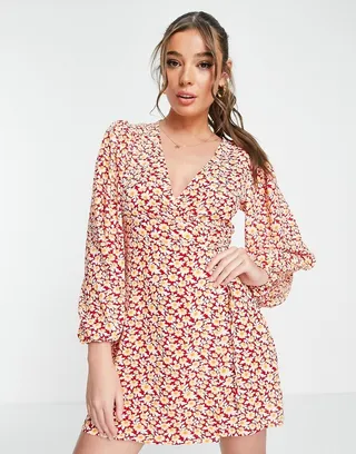 Glamorous wrap mini dress in red floral print