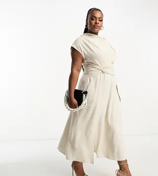 ASOS DESIGN Curve linen high neck twist front midi dress in natural
