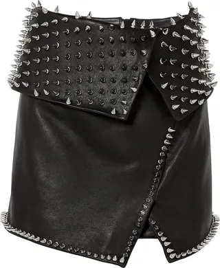 Wrap-effect studded leather mini skirt