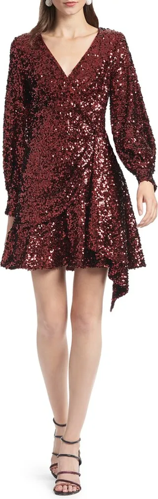 Delaney Sequin Long Sleeve Faux Wrap Cocktail Minidress