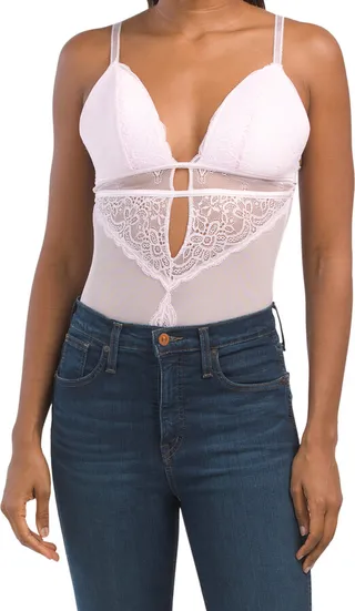 Lace And Mesh High Cut Bodysuit With Padded Cups