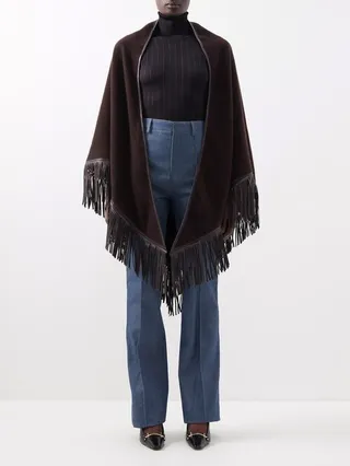 V-logo Cashmere Leather-trim Poncho