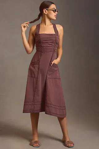 Pilcro Ruched Square-Neck Dress Brown