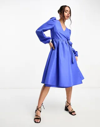 Monki midi wrap dress in blue
