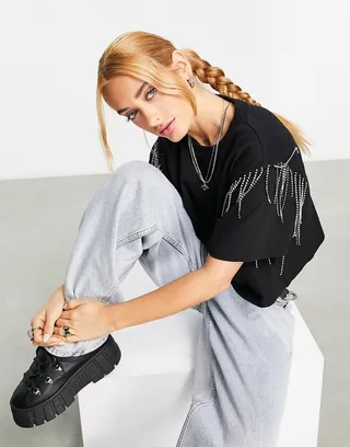 ASOS DESIGN tee with diamante trim on armholes in black
