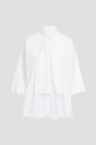 Tie-neck perforated cotton blouse