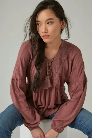 Lace Up Trim Peasant Top